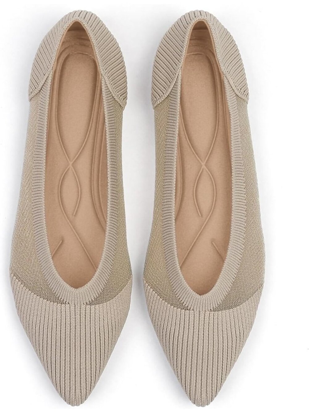 Women's Beige Comfortable Dressy Mesh Pointed Toe Pull On Knit Ballet Flat Shoes